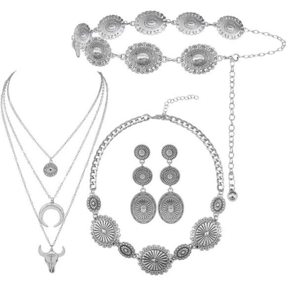 Accessories - Sonya Western Concho Belt Cowgirl Necklace Dangle Earrings Jewelry set for Women